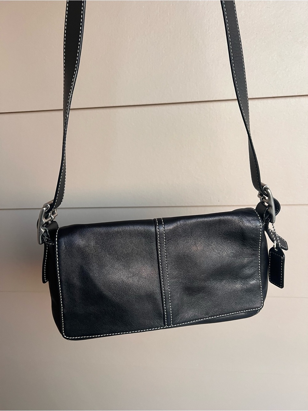 Coach Black Leather Crossbody with White Contrast Stitching